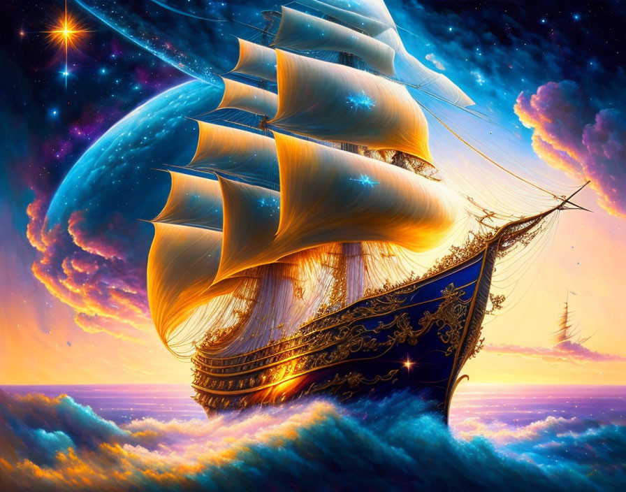 Tall ship sailing through cosmic seascape with stars and galaxy