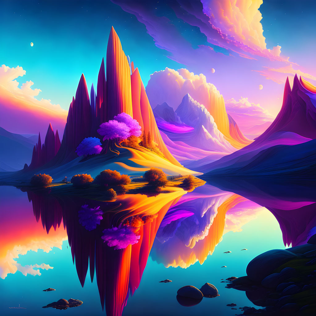 Colorful Peaks Reflected in Tranquil Lake: Digital Artwork of Fantastical Landscape