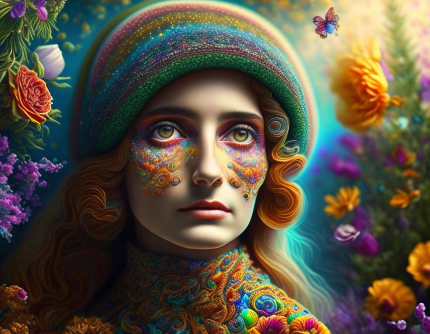 Colorful digital artwork of woman with face paint and hat in lush floral setting