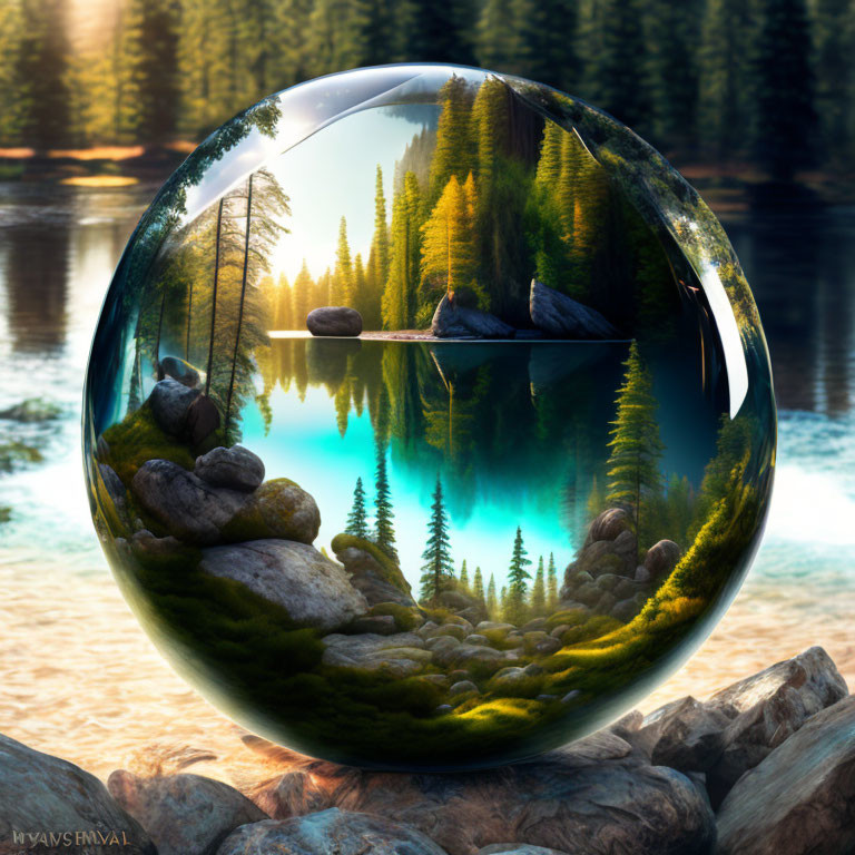 Tranquil forest and lake scene in crystal ball