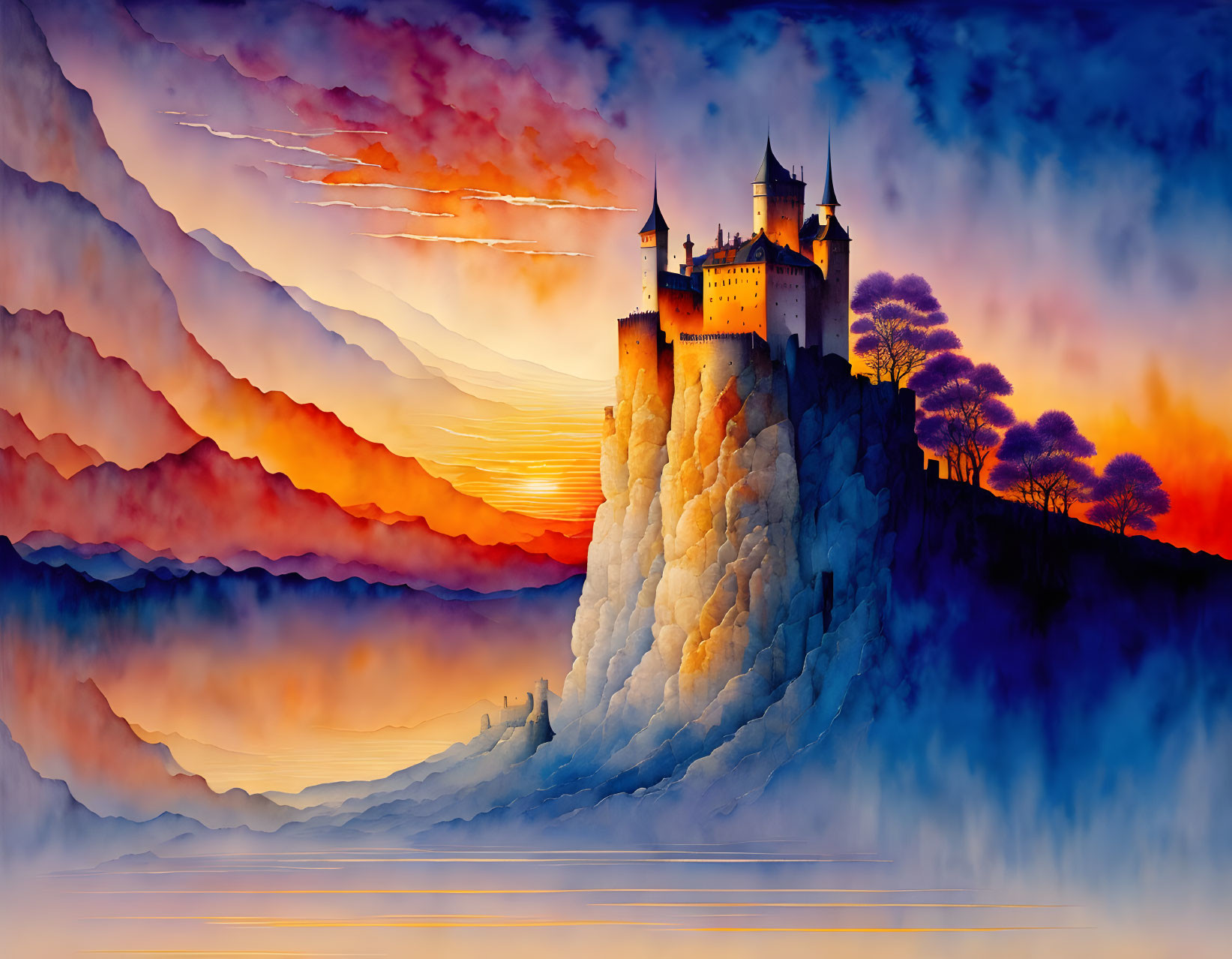 Colorful castle painting at sunset with misty cliffside view