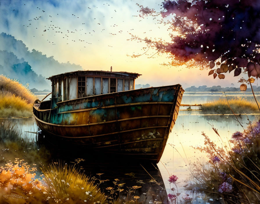 Old boat at sunrise on calm river with reeds, flowers, and flying birds