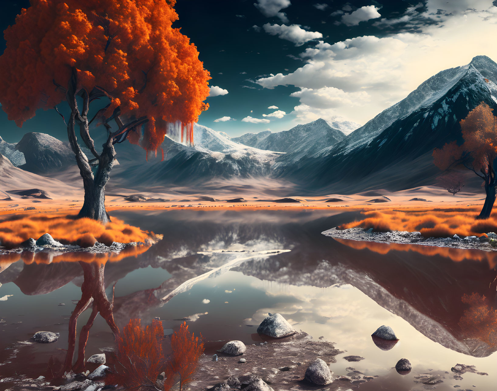 Scenic orange tree by reflective lake in snowy mountain landscape