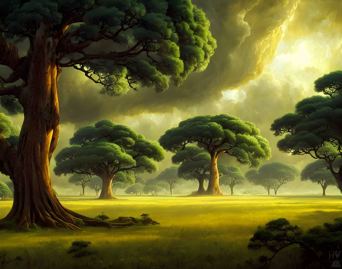 Majestic trees in verdant landscape under dramatic sky