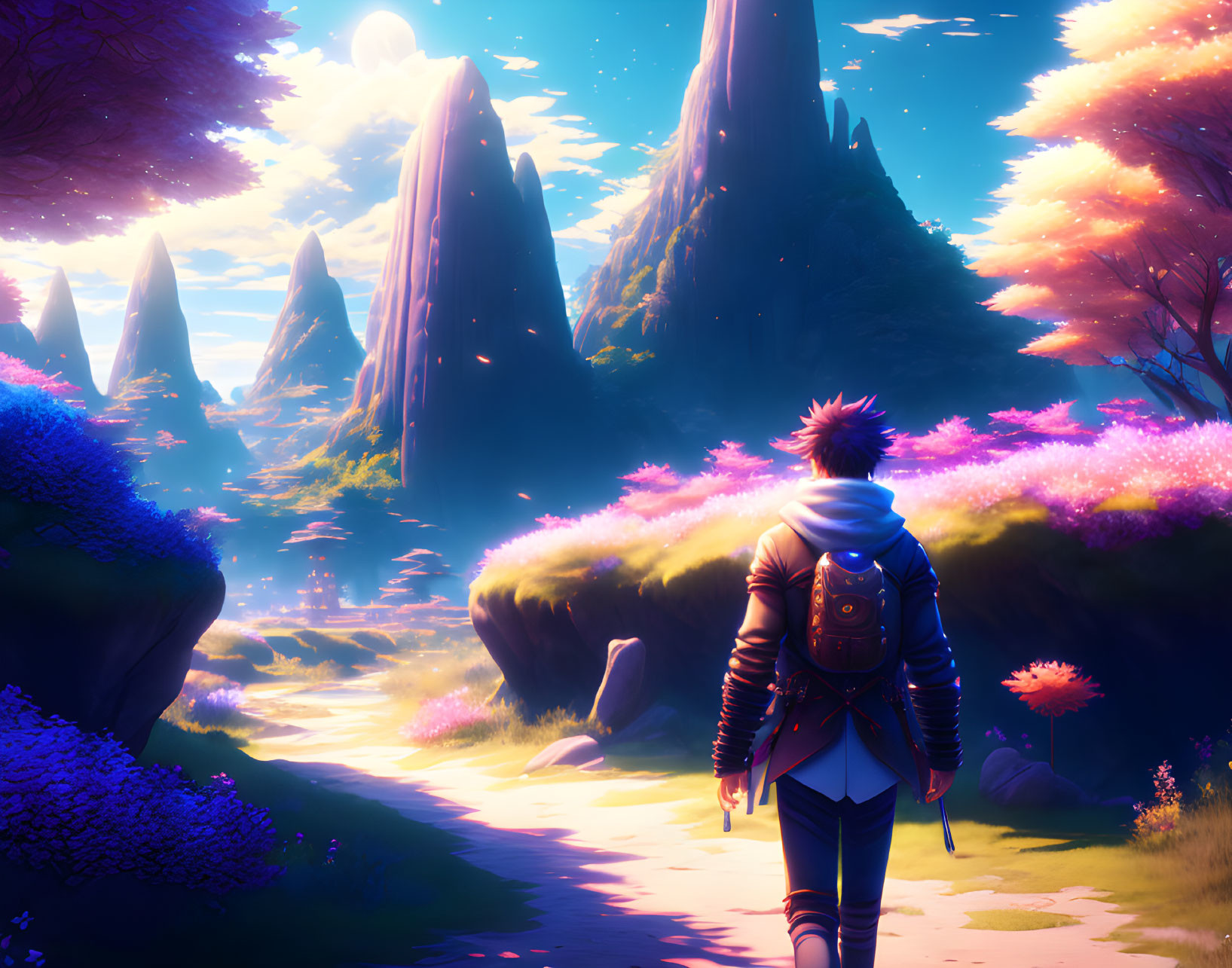 Backpacker explores vibrant fantasy landscape with pink flora and towering rock formations