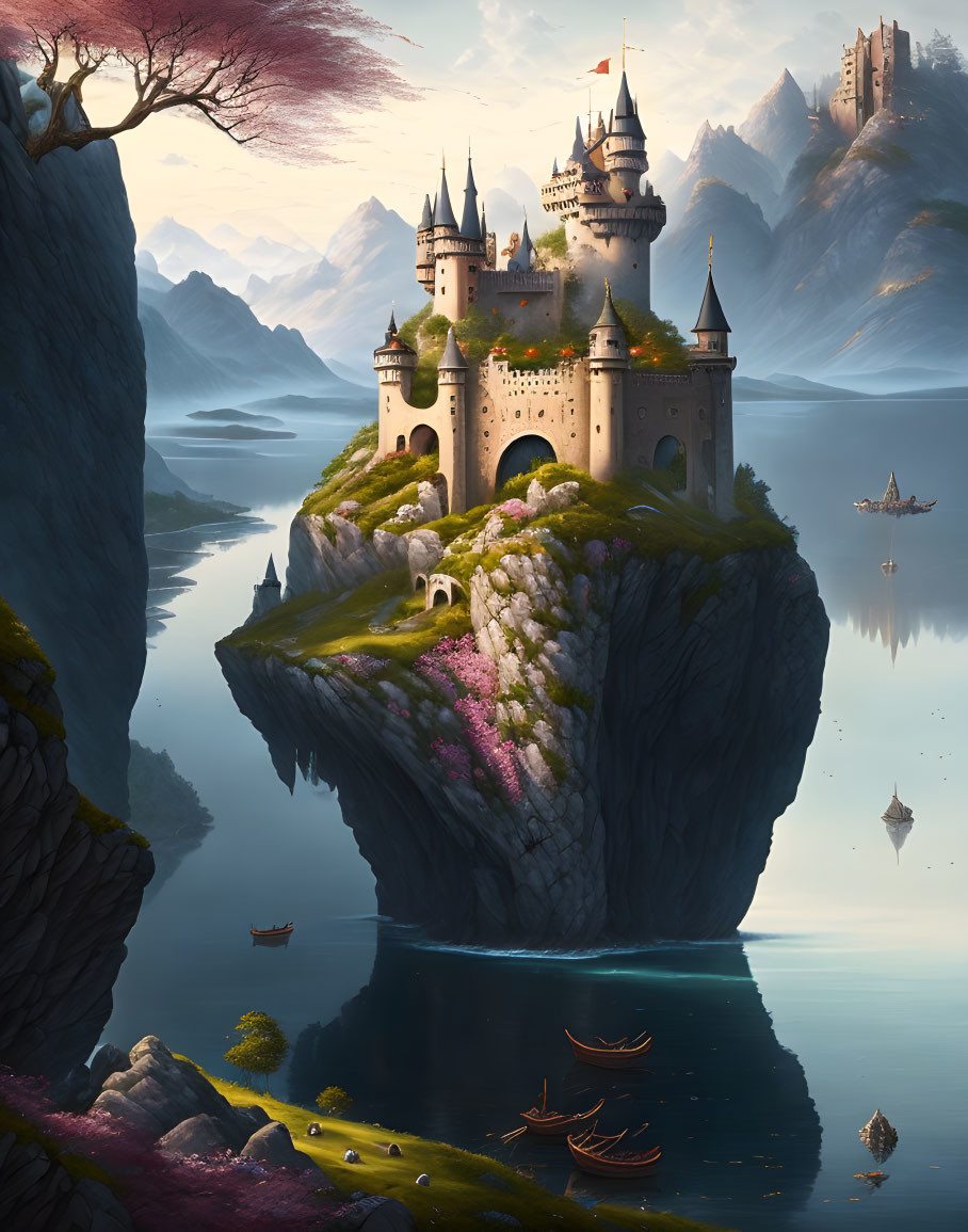 Castle on Cliff Overlooking Waterfall, Lake, Boats, and Mountains at Twilight