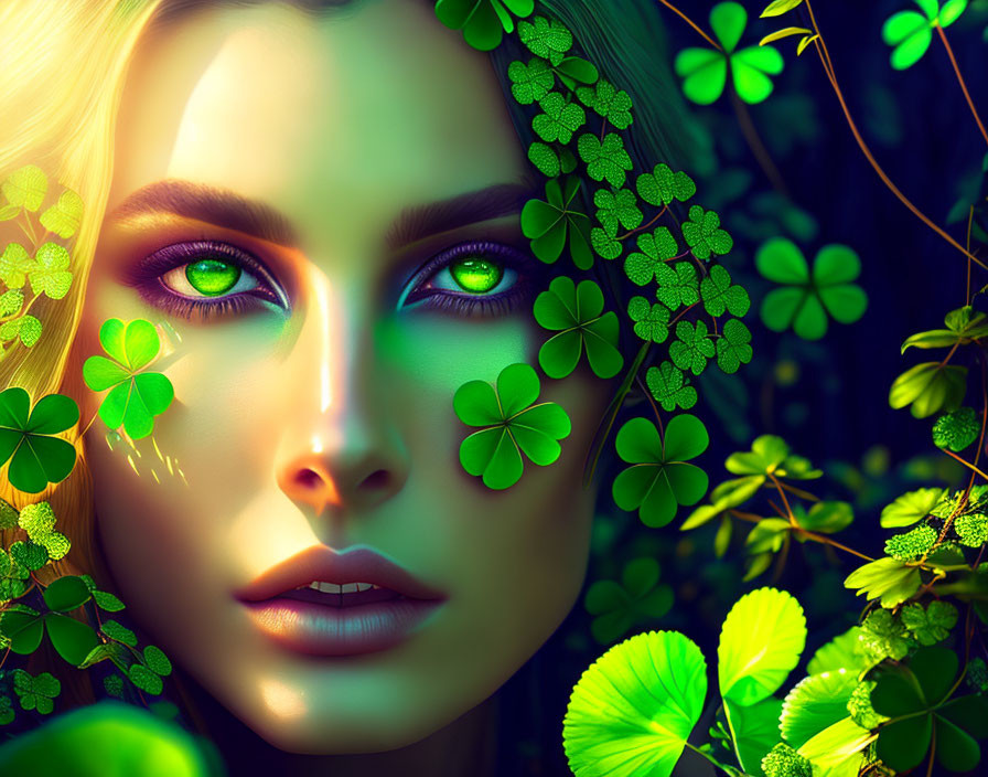 Digital art portrait of woman with green eyes in mystical, lush greenery.