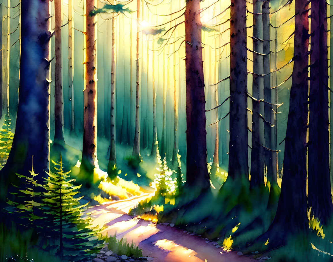 Tranquil forest landscape with tall trees and sunlight filtering through.