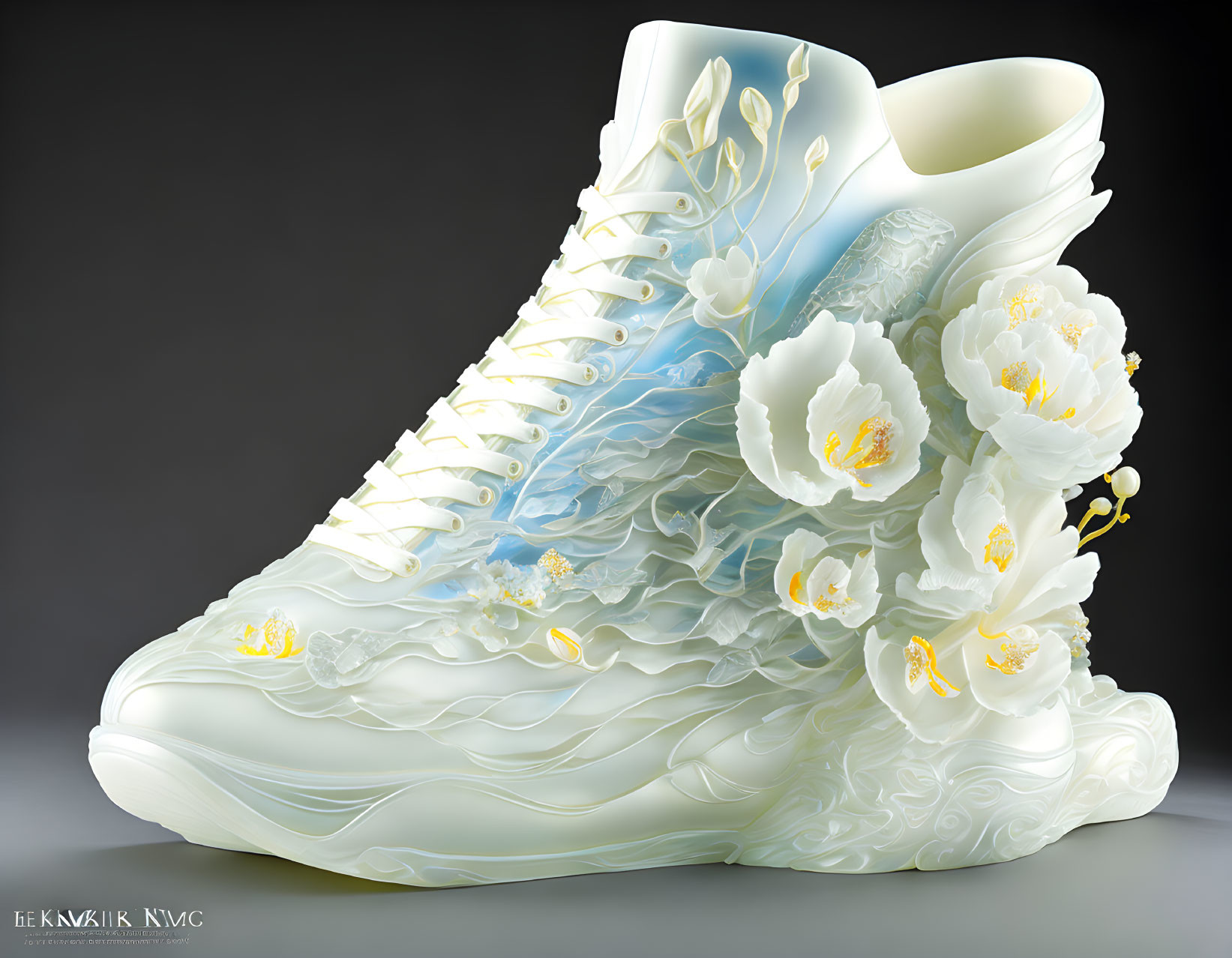 Sculptural sneaker with white floral designs and flowing patterns