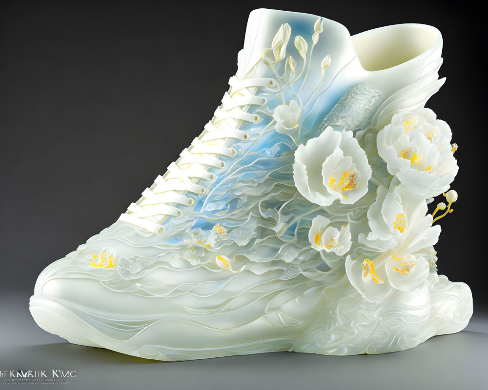 Sculptural sneaker with white floral designs and flowing patterns