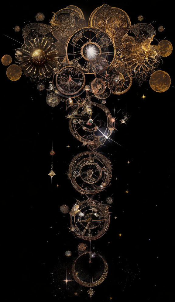 Ornate Celestial and Vintage Clocks with Flowers and Geometric Shapes on Dark Background