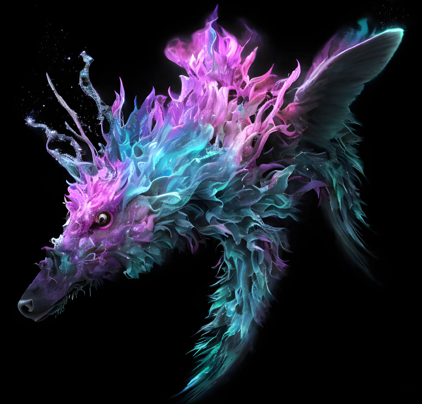 Colorful dragon-like creature with neon pink and blue hues on dark background