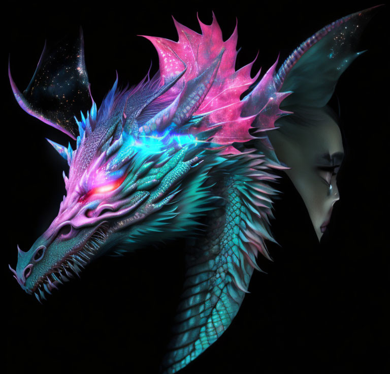 Vibrant dragon and human face merge in digital artwork