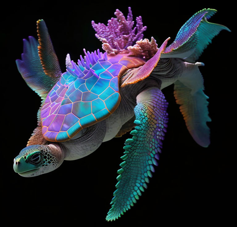 Colorful Turtle with Vibrant Shell and Iridescent Fins on Black Background