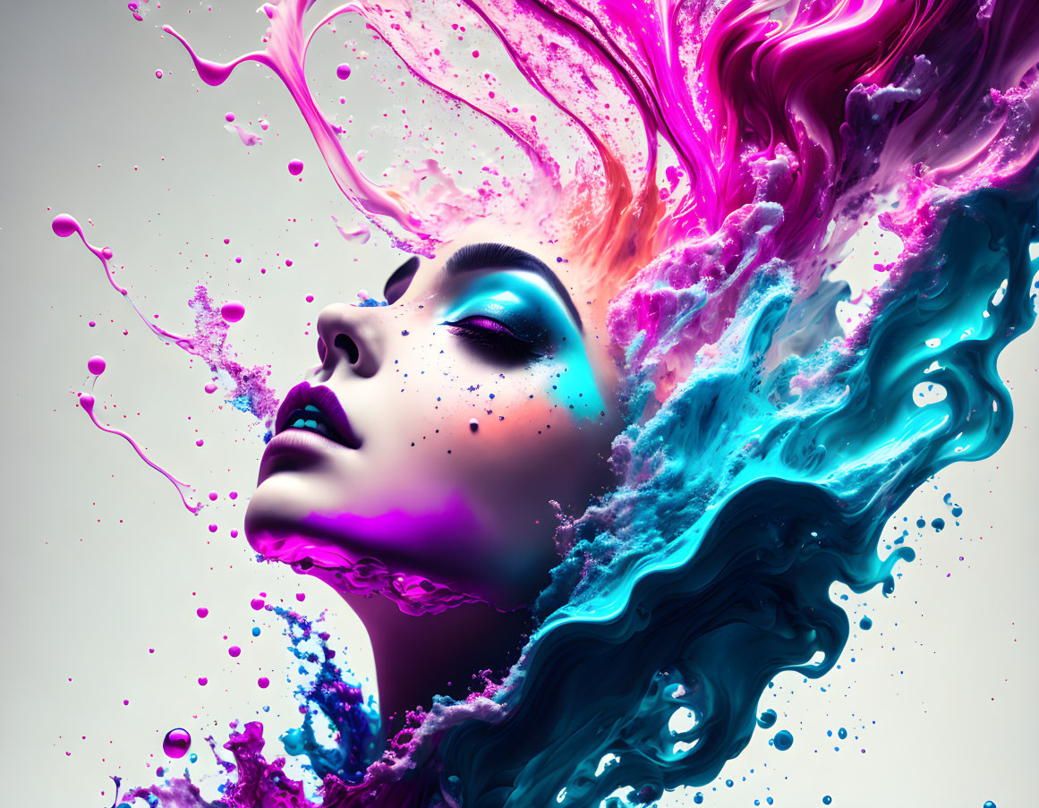 Vibrant liquid in pink, purple, and blue on woman's profile.