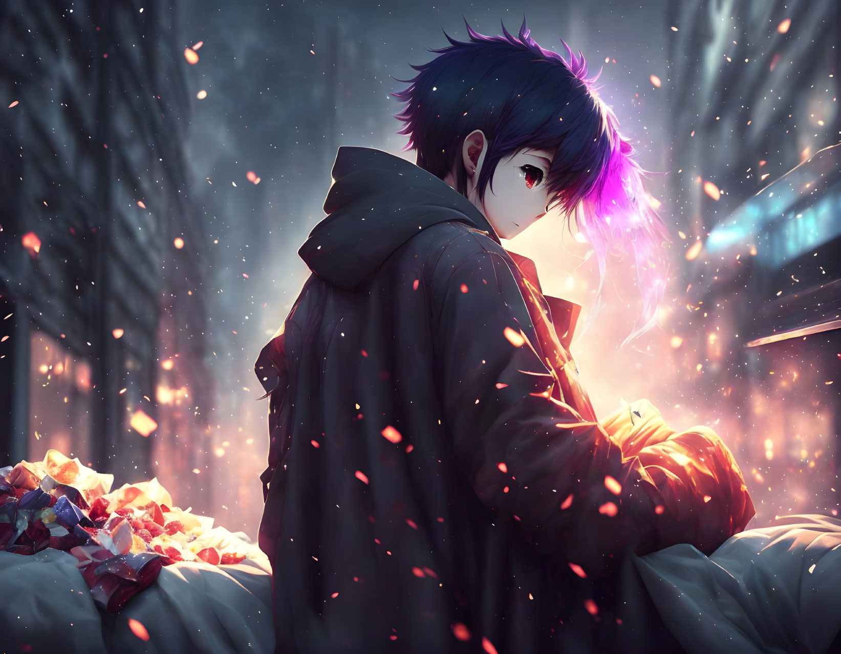 Anime-style character with dark hair and purple highlight in snowfall scene.