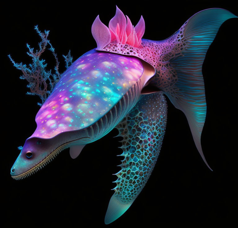 Vibrant illustration of fantastical sea creature with glowing body and coral-like structure