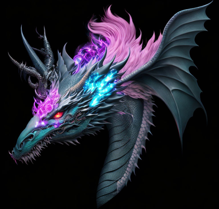 Fantasy dragon digital artwork with glowing purple and blue accents