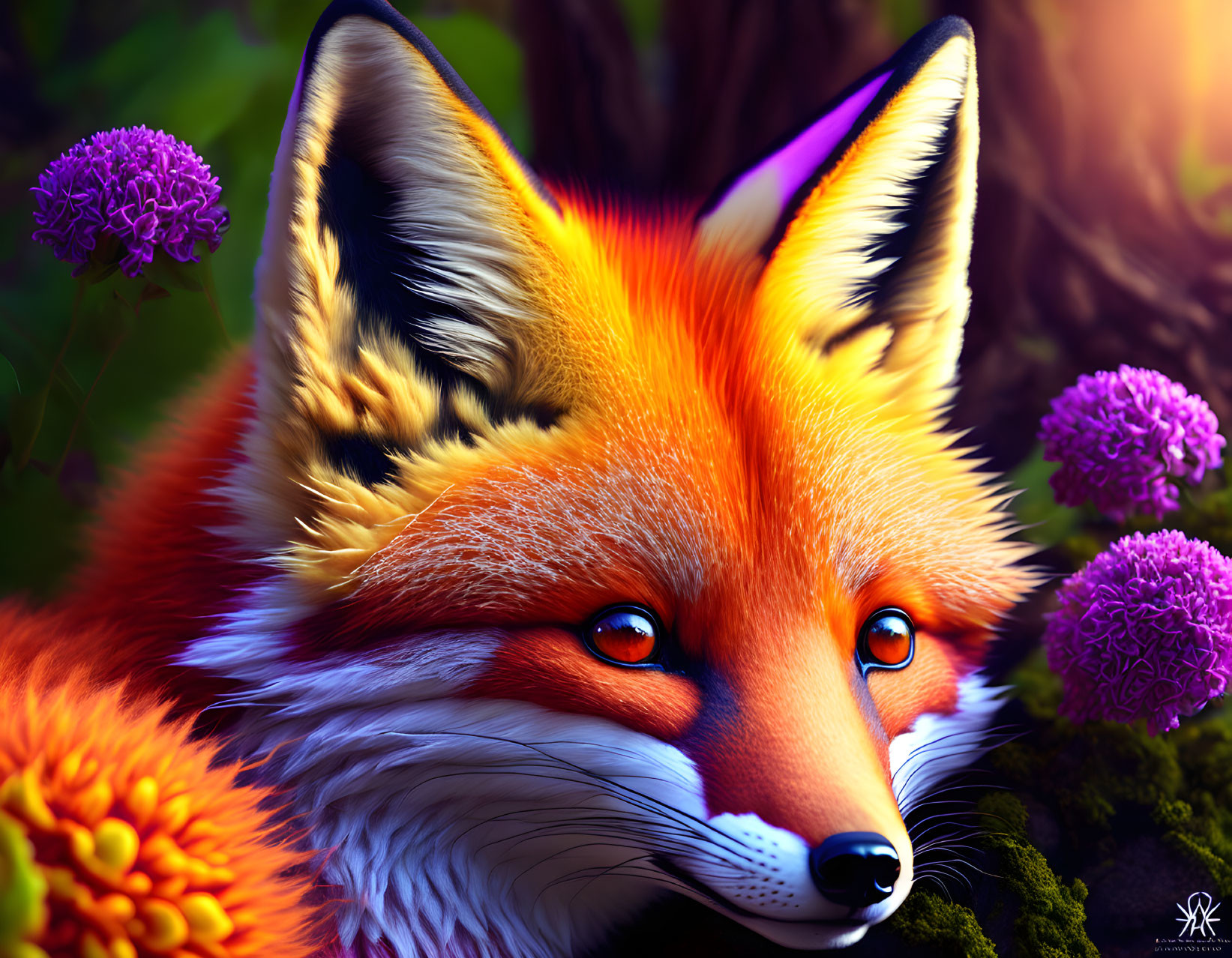 Colorful Digital Art: Red Fox with Blue Eyes in Flower Field