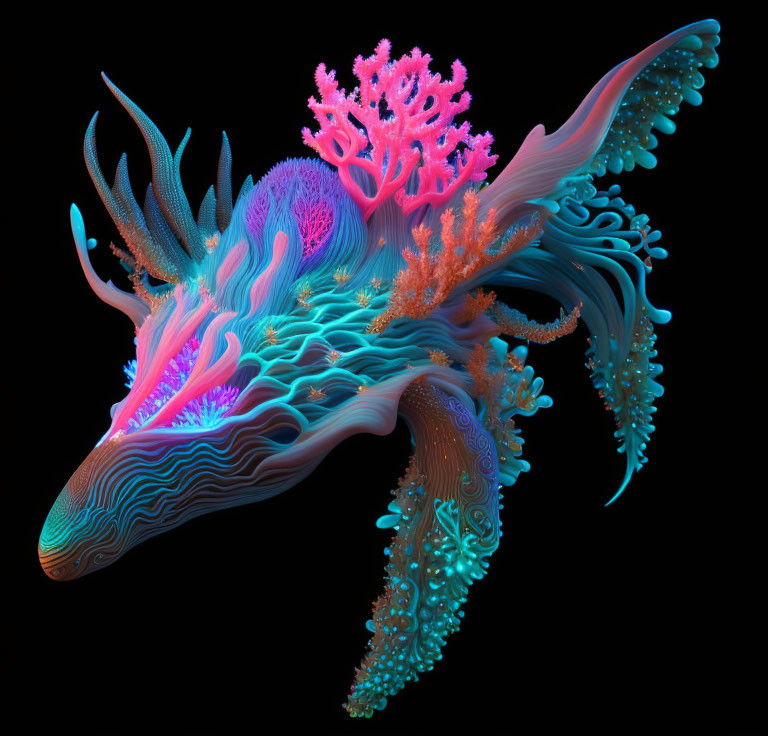 Fantastical dragon creature with coral and bioluminescent details on black background