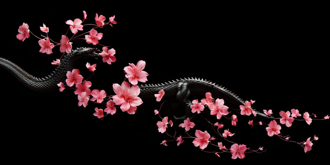 Digital artwork: Black serpent with cherry blossoms on dark background