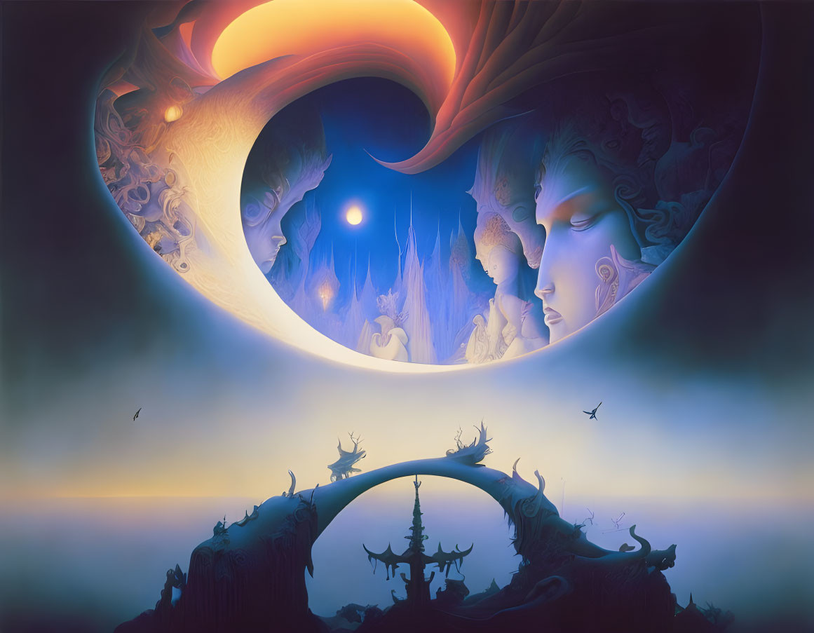 Surreal Artwork: Faces in Cosmic Orbs, Mystical Landscape & Pagoda