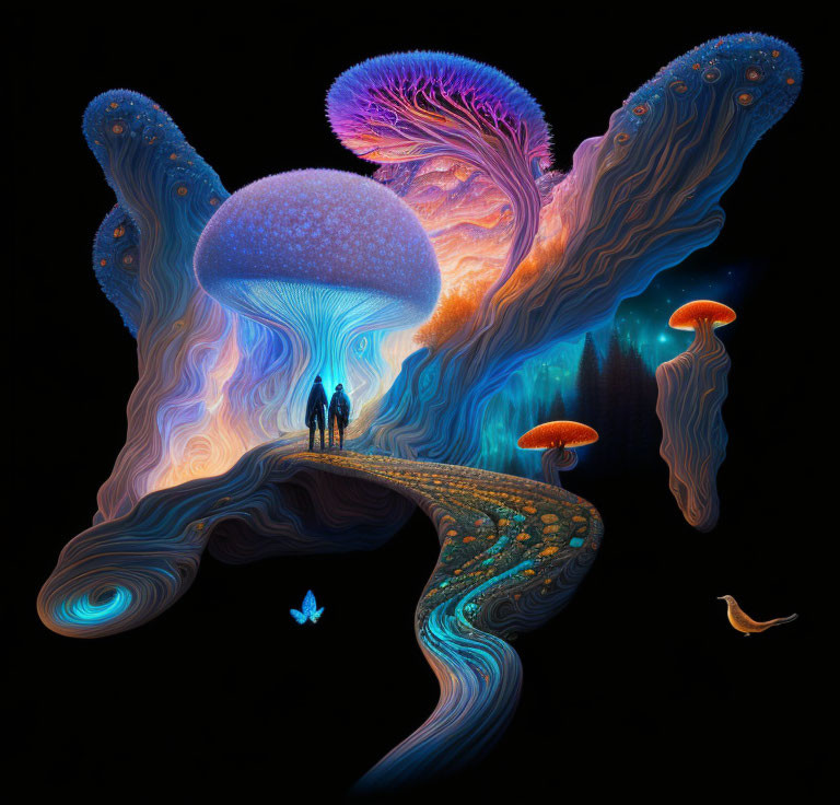 Fantastical artwork: Two figures, colossal iridescent mushrooms, vibrant butterfly, dark backdrop