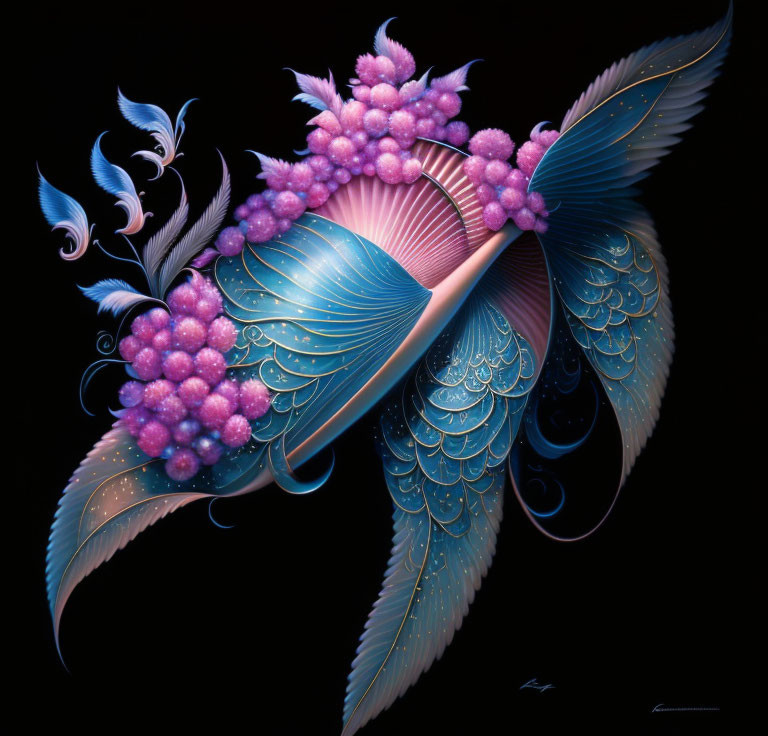 Elaborate Blue and Pink Bird with Decorative Wings