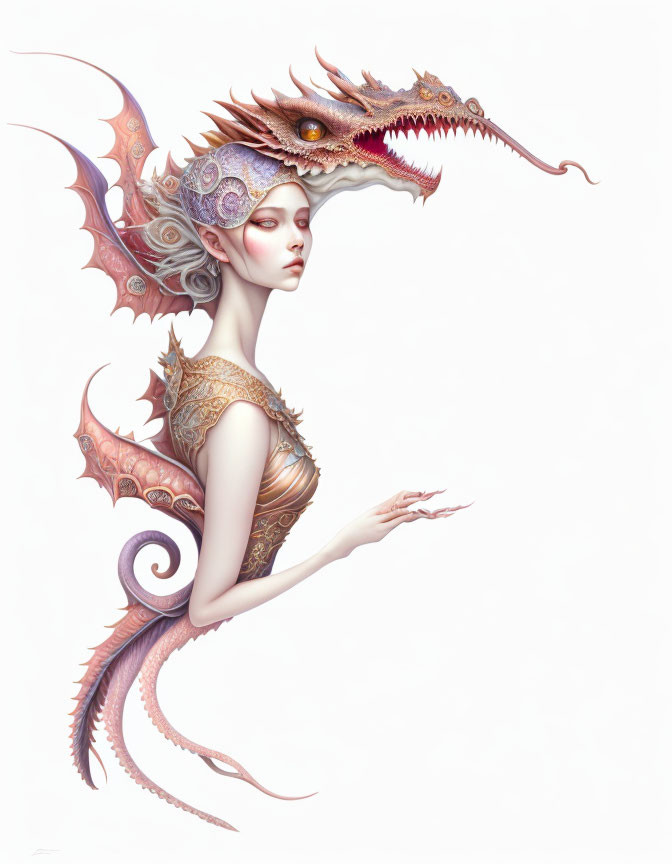 Detailed illustration of woman with pale skin, white hair, dragon headdress, shoulder armor, and tail