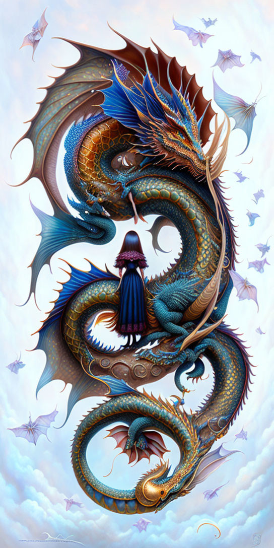 Stylized painting of person and dragon in sky with fish-like creatures