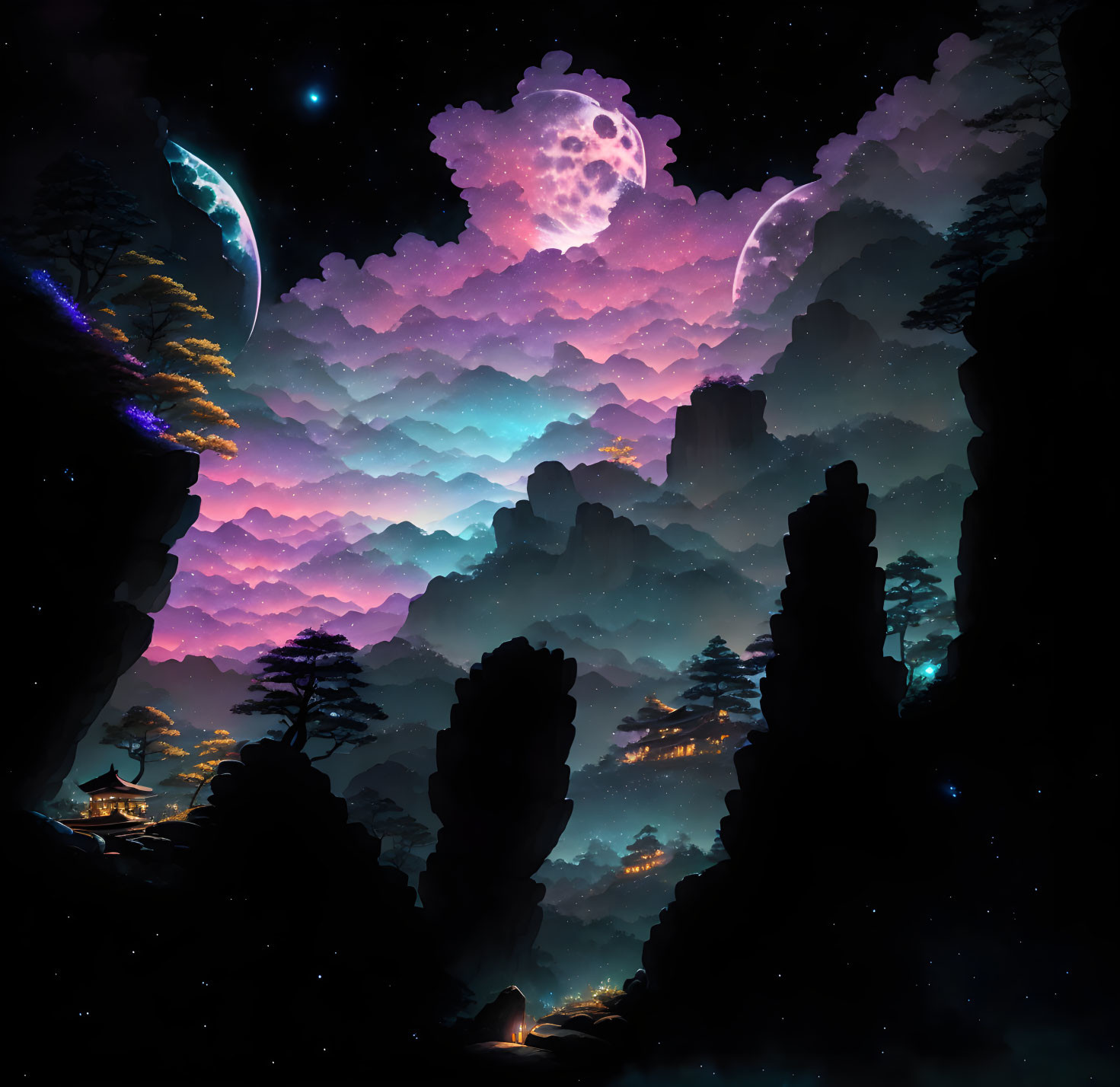 Vibrant night landscape with surreal clouds, rocky formations, and celestial bodies