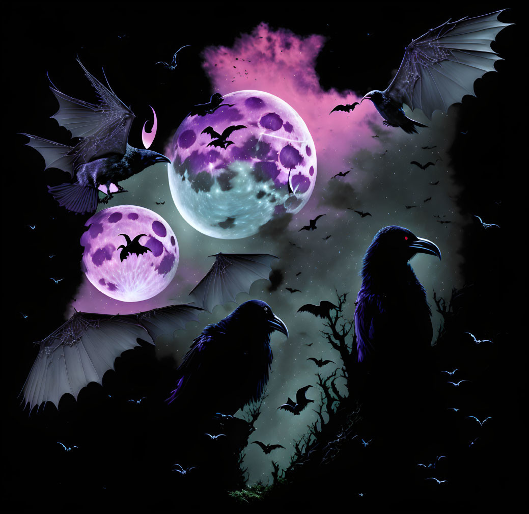 Fantasy night sky with ravens, moons, and bats in purple and blue