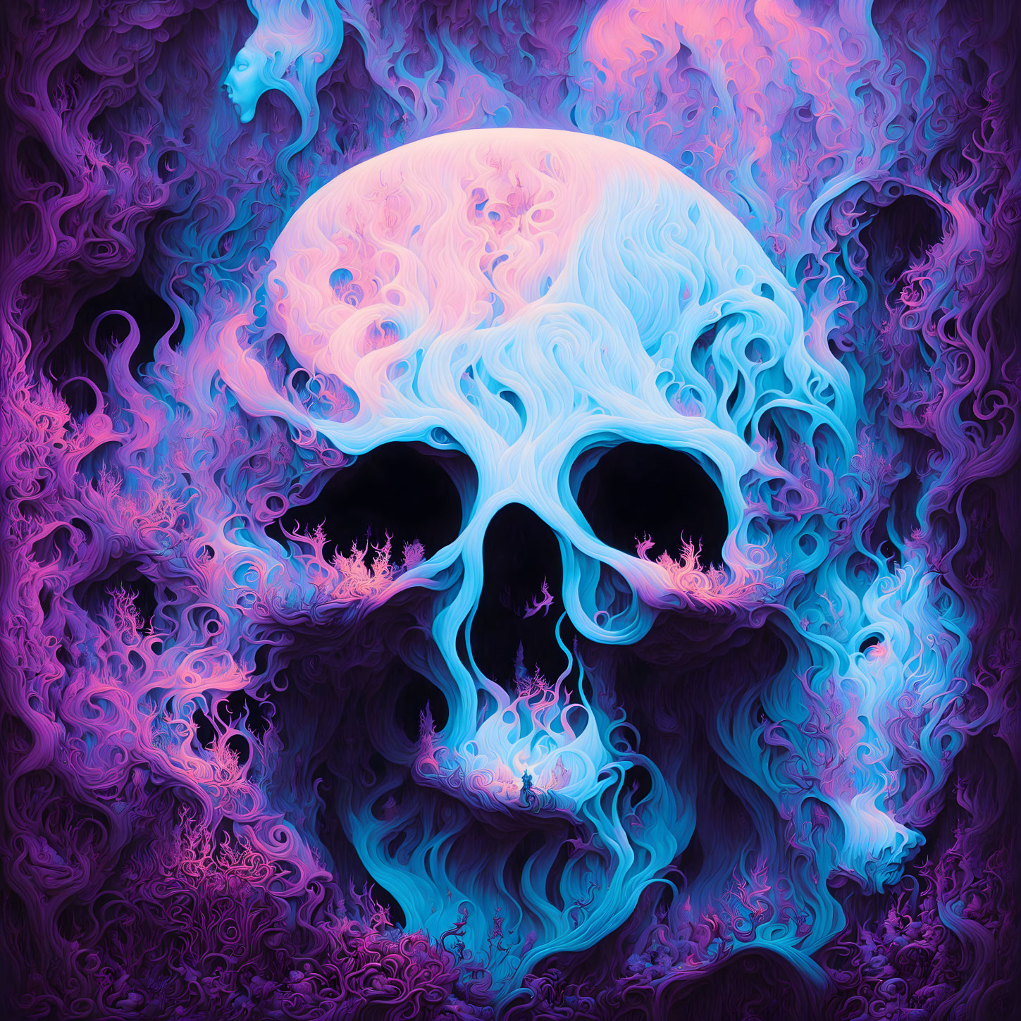 Colorful Neon Skull Art with Jellyfish-like Textures in Surreal Underwater Scene