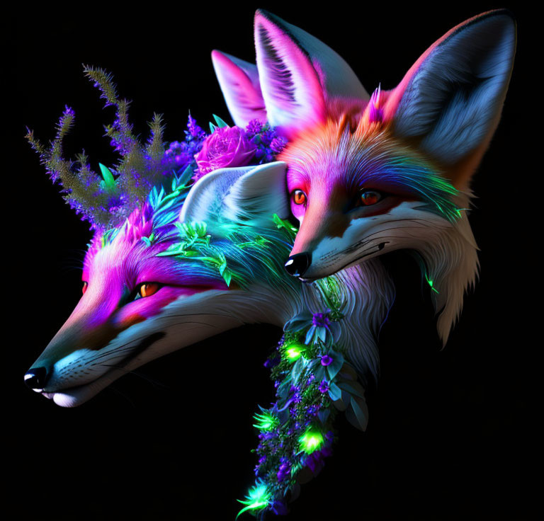 Vibrant digital art: Conjoined foxes with colorful fur and floral accents on black backdrop