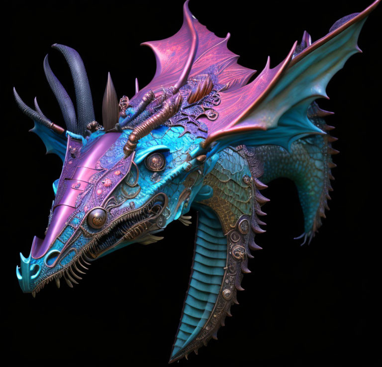 Mechanical dragon digital artwork with blue and purple hues and intricate gears