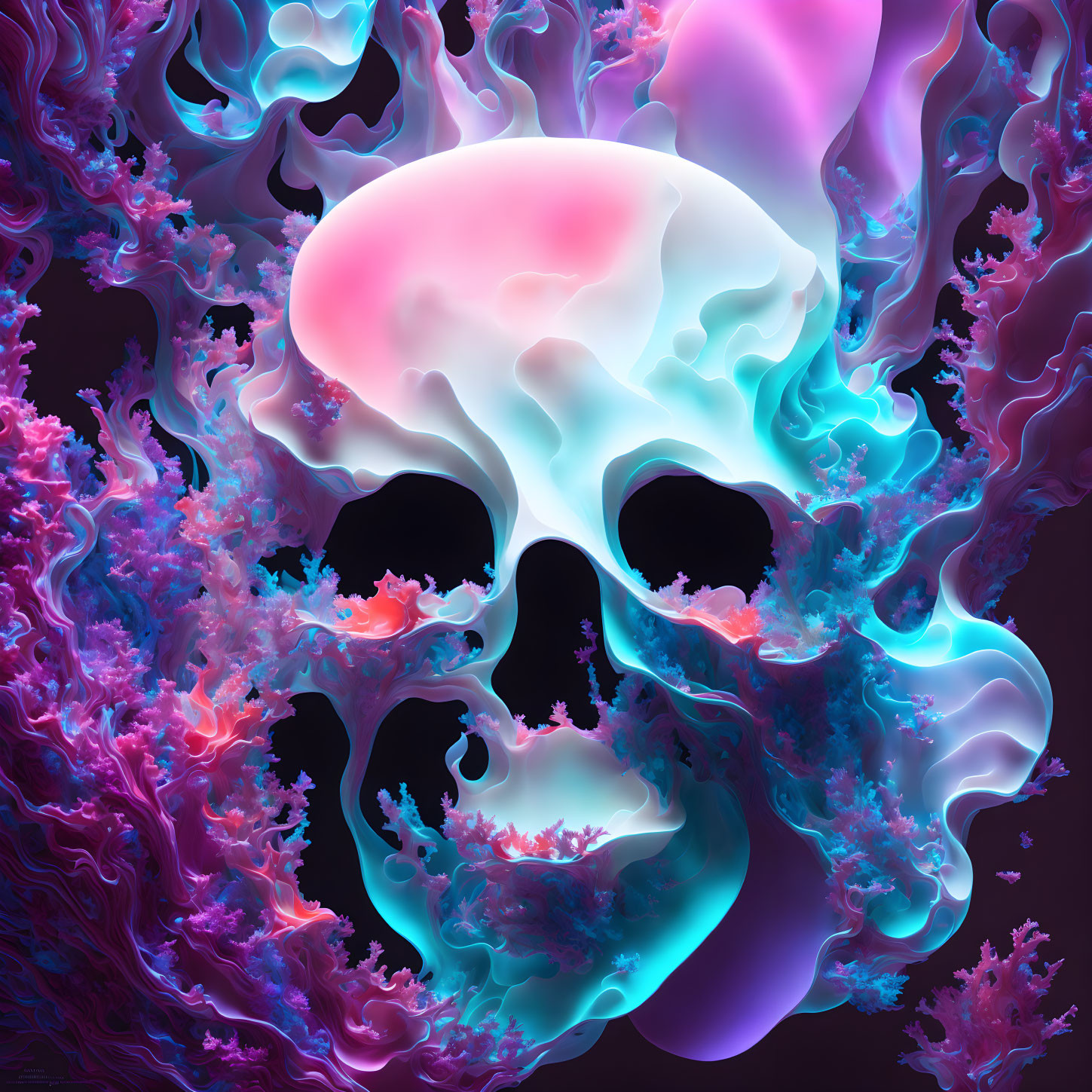 Colorful digital artwork featuring skull and abstract shapes in pink, purple, blue, and white.