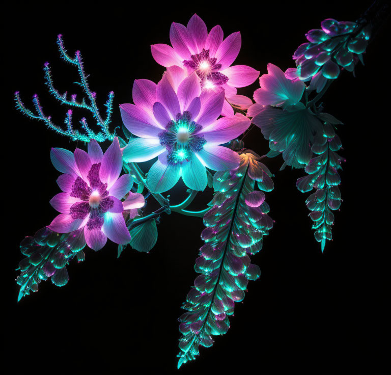 Neon-colored flowers and plants on black background