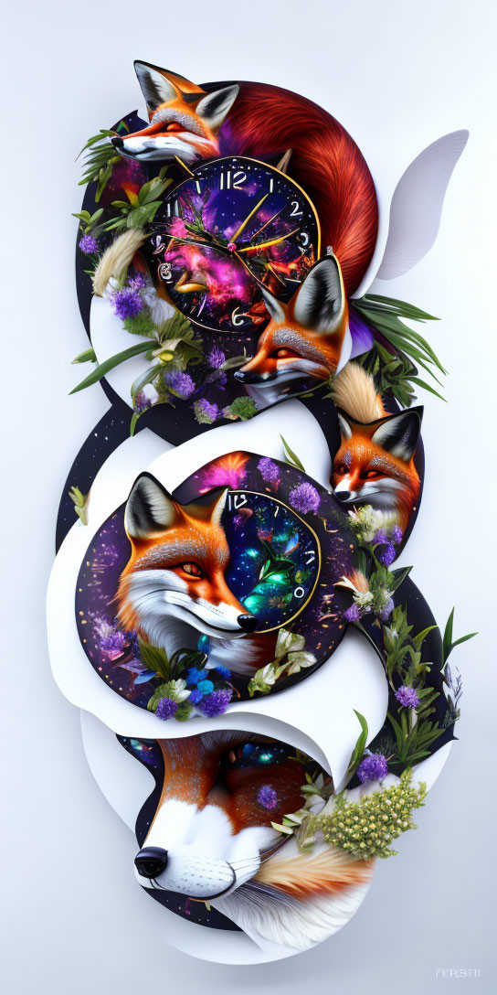 Artistic representation of multiple foxes with floral and celestial elements around an ornate clock