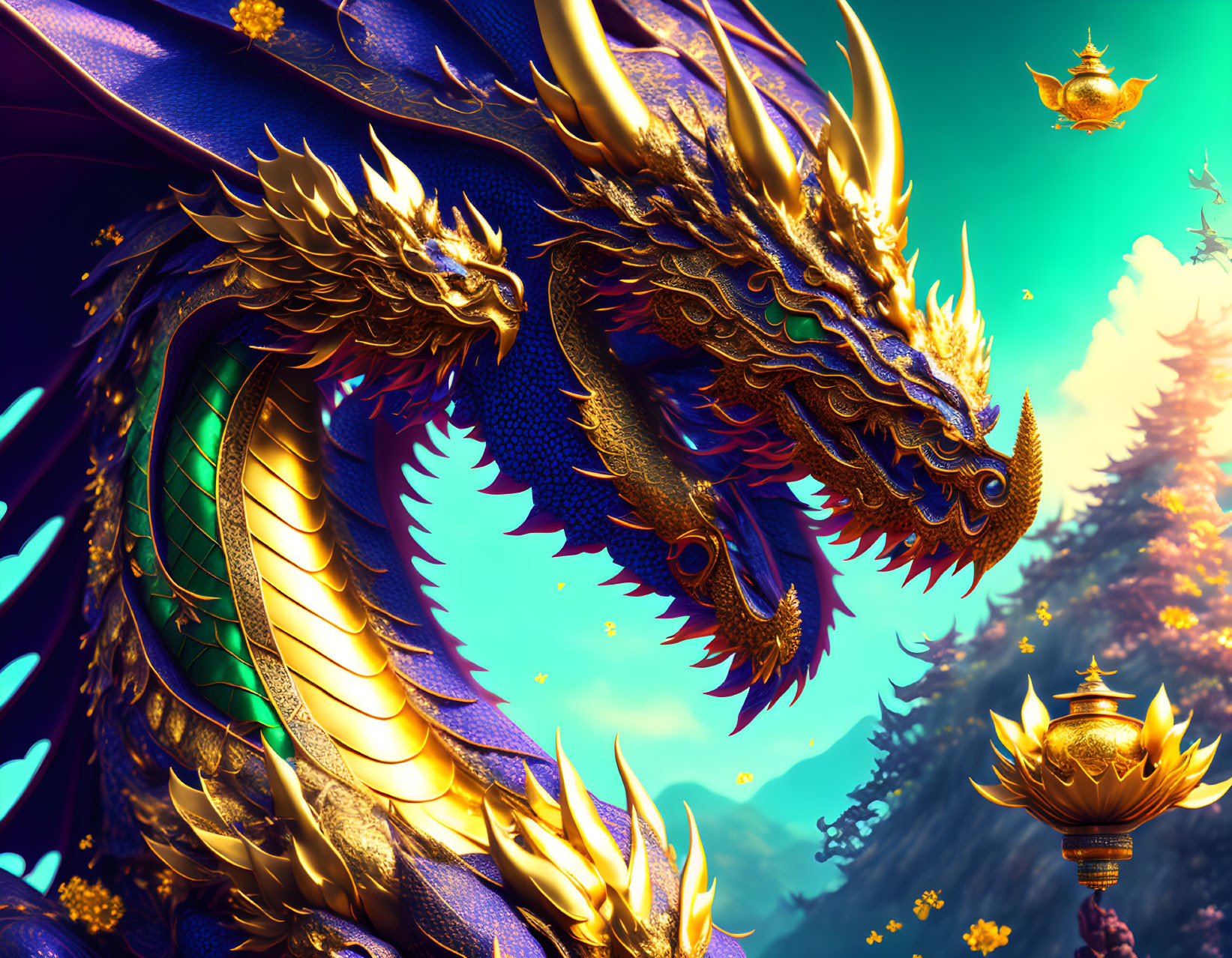 Majestic blue and gold dragon in digital art with ornate scales