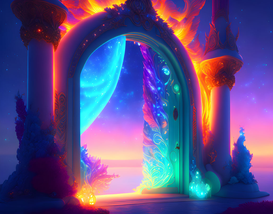 Mystical portal digital artwork with ornate columns and celestial background