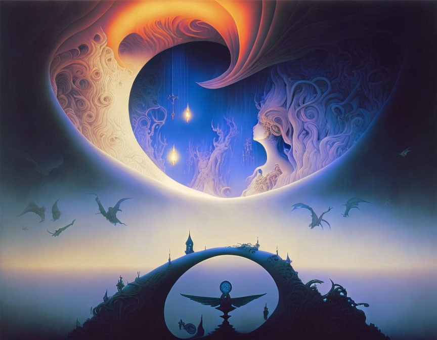 Vibrant surreal painting: female silhouette, flying dragons, swirling sky.