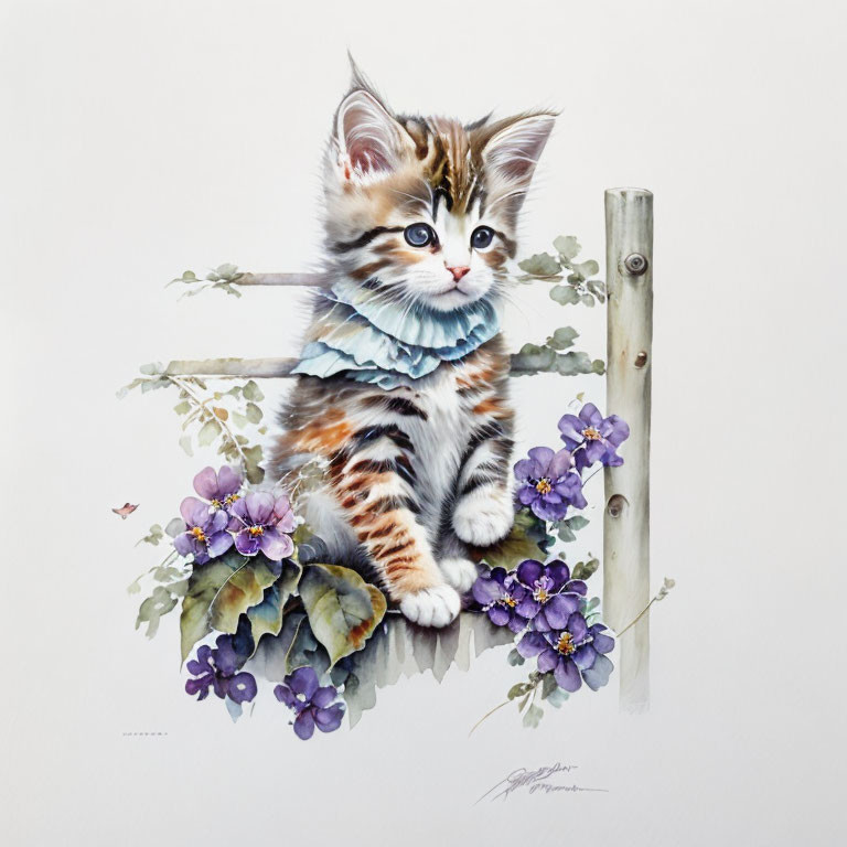 Watercolor illustration of fluffy kitten on wooden ledge with purple flowers