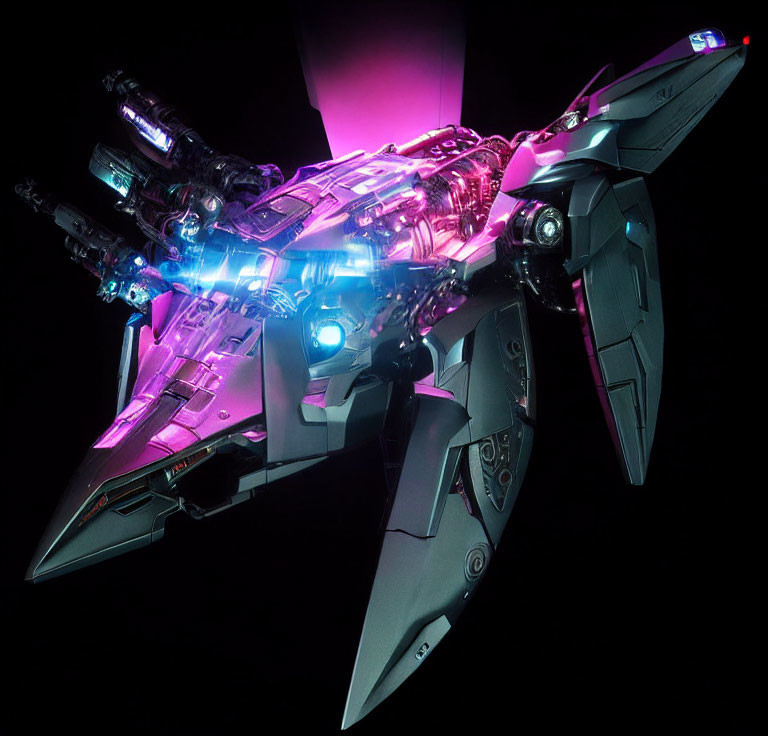 Detailed Futuristic Spaceship Model with Blue and Purple Lights