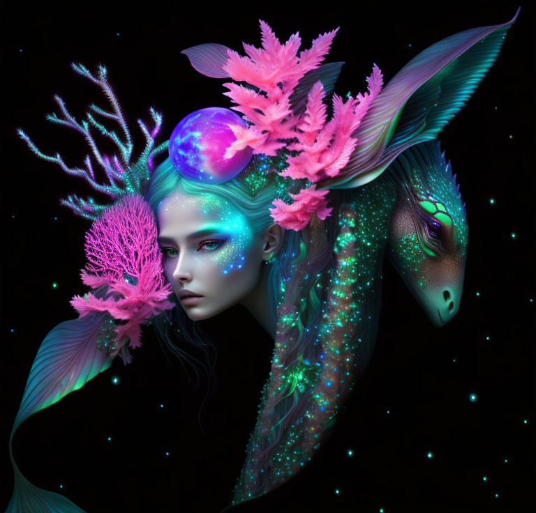 Fantasy portrait of woman with glowing blue skin, coral-like structures, celestial orb, and dragon-like