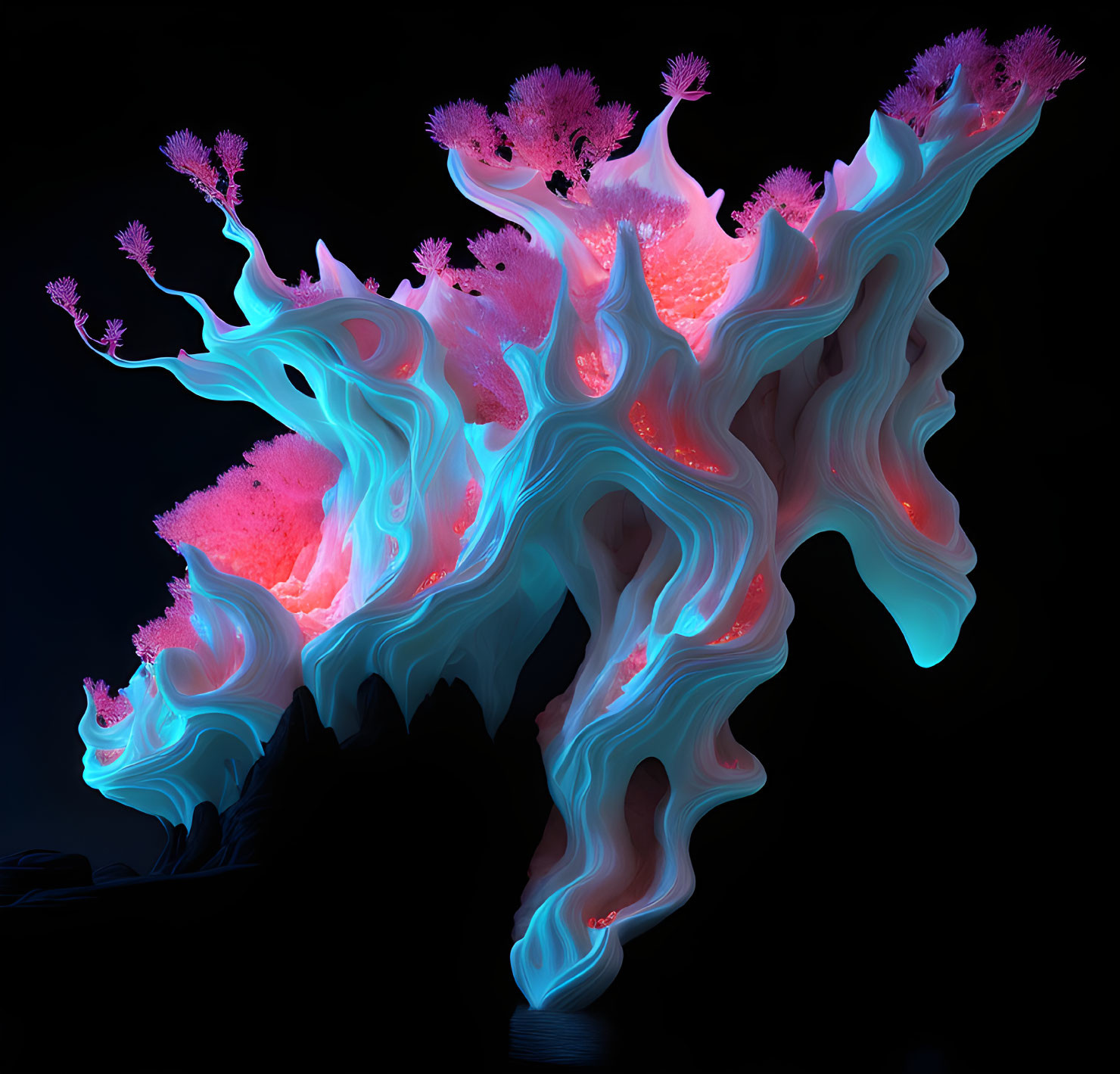 Neon pink and blue coral-like structure on dark background