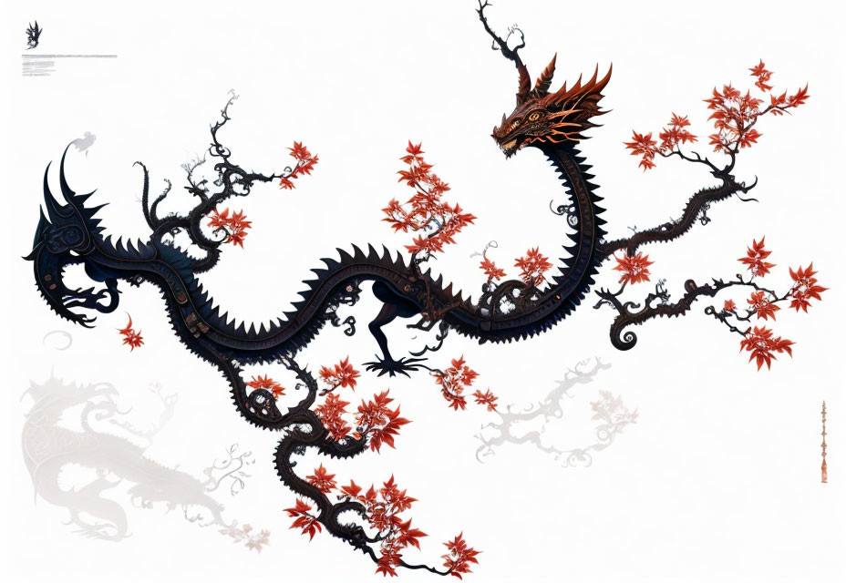 Stylized black dragon with red foliage on white background