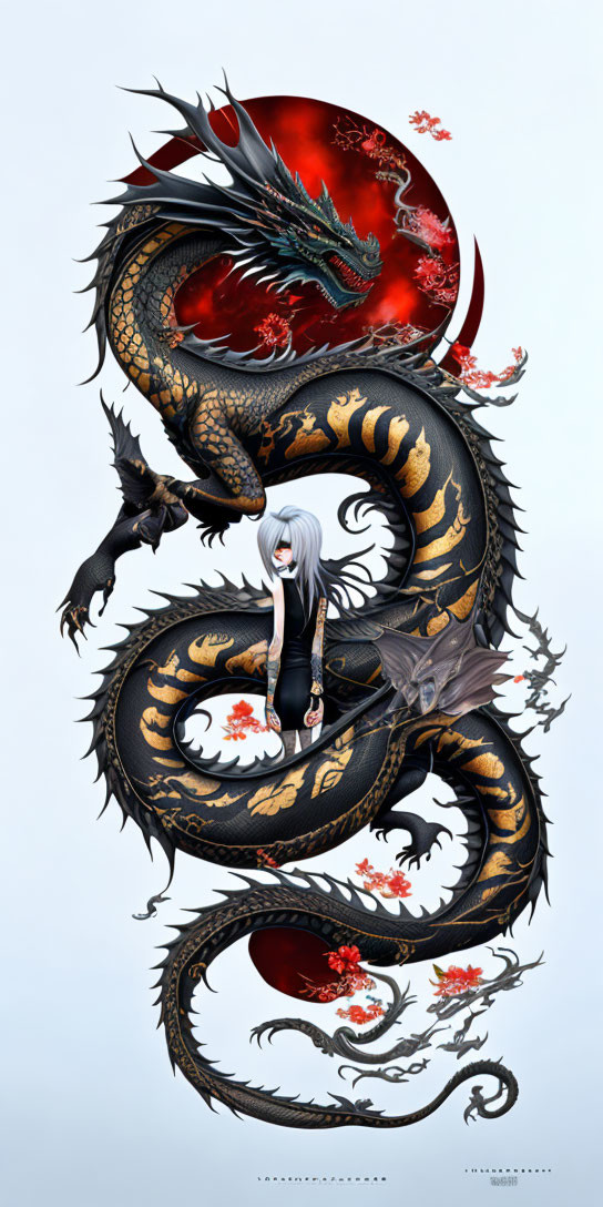 Stylized black and gold dragon with silver-haired figure in kimono.