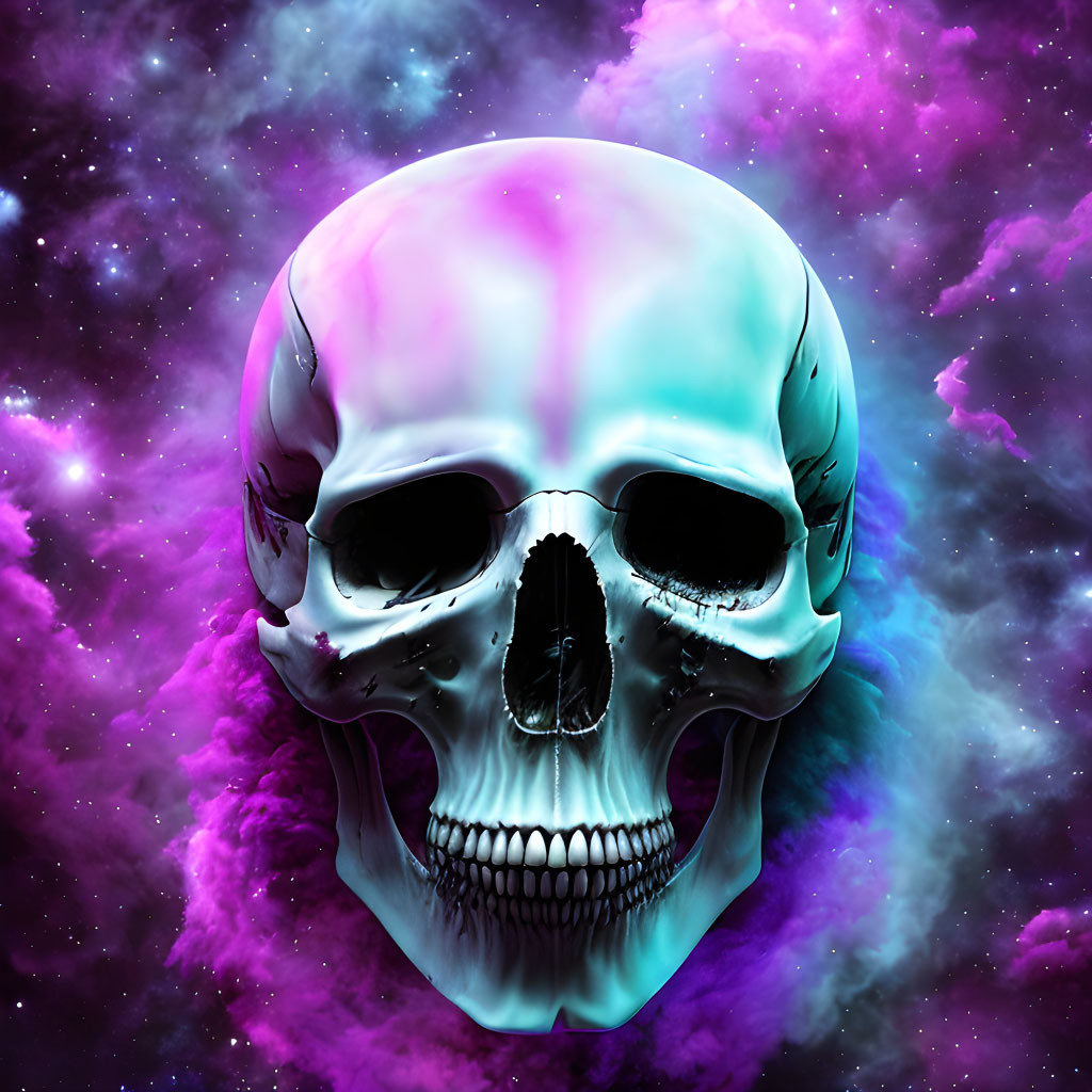 Colorful Human Skull Artwork on Cosmic Nebula Background