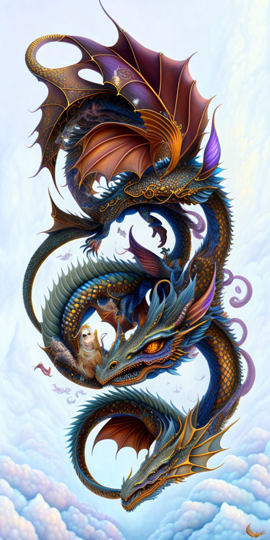 Colorful Dragon Swirling Around Woman in Clouds