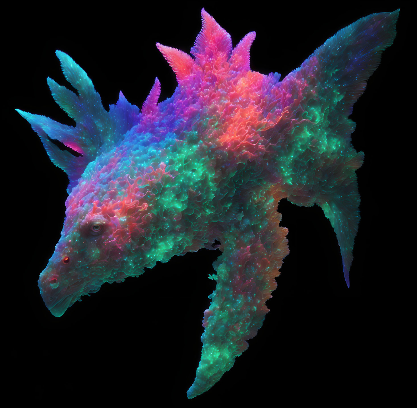 Colorful Star-Shaped Creature with Dragon-like Head on Black Background